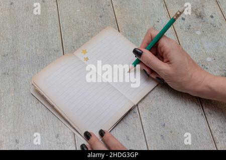 Weibliche Hand schreibt mit einem Bleistift in ein Notizbuch Stockfoto