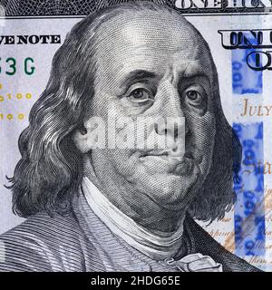 Benjamin Franklin auf einem 100-Dollar-Schein. Nahaufnahme. Stockfoto