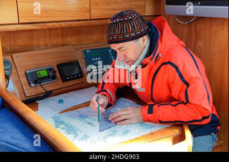 Unterwegs, Schifffahrt, Segeln, Skipper, unterwegs, Skipper Stockfoto