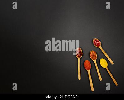 Auf einem schwarzen Hintergrund, rechts, befinden sich vier Holzlöffel mit Gewürzen. Stockfoto