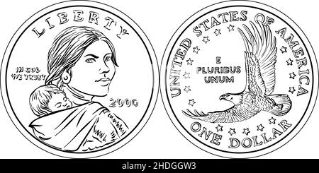 American Money Sacagawea Dollar, schwarz und weiß, Sacagawea auf der Vorderseite, fliegender Adler auf der Rückseite Stock Vektor