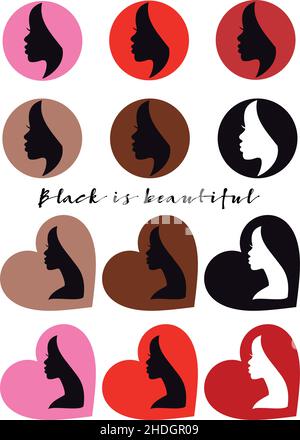 Schwarze Schönheit, Afrikanische Frauen, Avatare, Profilsilhouetten, Herz- und Punktformen, Design für Valentinstag, Frauentag, Vektor-Illustration-Set Stock Vektor