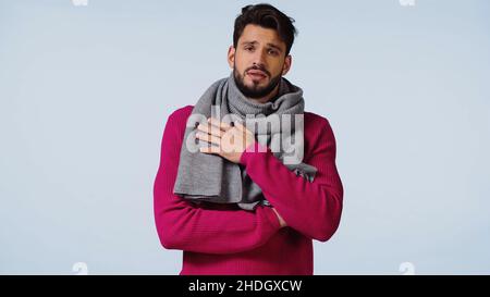 Trauriger und bärtiger Mann in Pullover und Schal isoliert auf Blau Stockfoto