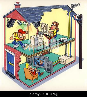 Vereinfachtes Explosionsdiagramm, in dem die Schichten eines typischen britischen Hauses, der Schlafzimmer und des Wohnzimmers sowie die Verkabelung für elektrische Geräte dargestellt sind Stockfoto