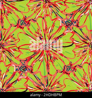 Moderne abstrakte Gerbera Gänseblümchen Blume nahtlose Muster Hintergrund. Malerische Wiederholung, tropisch-rot-grüner Hintergrund. Mit botanischem Kunstlino-Druck Stock Vektor