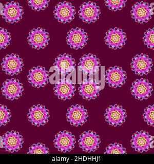 Illustration Raster nahtloses Muster von Mandalas in glänzend leuchtenden lila Farbe auf dunkelschwarzem Hintergrund. Hochwertige Illustration Stockfoto
