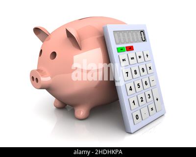 Taschenrechner, Sparschwein, Taschenrechner, Sparschweine Stockfoto