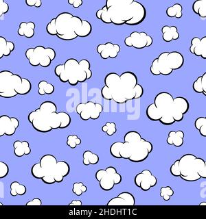 Muster von Cartoon weißen Wolken auf einem blauen Himmel für Druck und Dekoration. Vektorgrafik. Stock Vektor