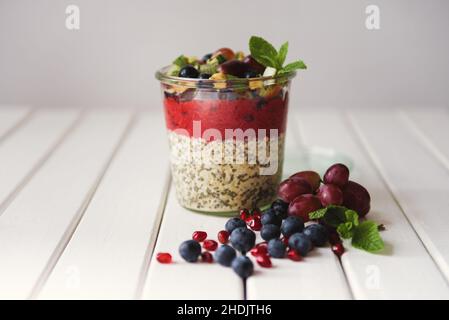Frühstück, Haferflocken, vegan, Hafer über Nacht, Frühstück, Haferflocken, Veganer Stockfoto
