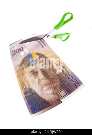 Schere, Inflation, schweizer Franken, Schere, Aufblähungen, schweizer Franken, Wertrückgang Stockfoto