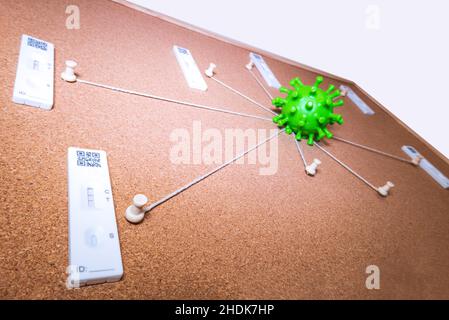 Eine Kork Evidence Board mit mehreren Saiten aus der Mitte Punkt gehen, um Pins um das Brett. Lösung des komplizierten Falles des Coronavirus. Stockfoto