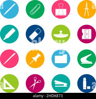 Satz weißer Schreibwaren-Symbole auf farbigem Hintergrund, Vektorgrafik Stock Vektor