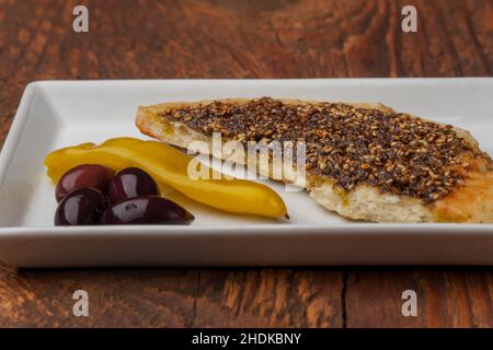 Focaccia Brot, Zatar, Focaccia Brot Stockfoto