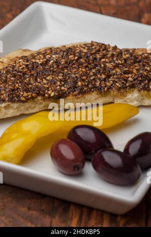 Focaccia Brot, Mezze, Zatar, Focaccia Brot Stockfoto