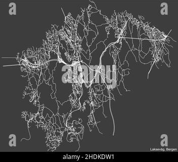 Detaillierte negative Navigation white lines urban Street roads map of the Quarter LAKSEVÅG BOROUGH of the Norwegian regional Capital City of Bergen, No Stock Vektor