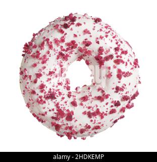 Donut mit Frischkäse verziert mit Krümel von roten Früchten isoliert auf weißem Hintergrund, Draufsicht Stockfoto