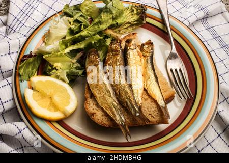 Hausgemacht, Sprotte, Fischbrot, Hausfrauen, Sprotten Stockfoto