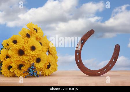 Schmuck mit gelben Blumen und Schmetterlingen mit blauem Himmel und Wolken Stockfoto