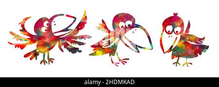 Lustige bunte Krähen. Fröhlicher Cartoon-Vogel. Vektorgrafik Stock Vektor