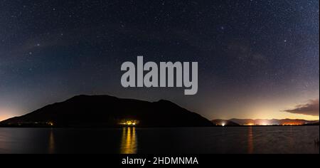 Ein Panoramablick auf den Nachthimmel über den Bassenthwaite Lake im englischen Lake District mit dem orangefarbenen Leuchten der Lichter von Keswick. Stockfoto