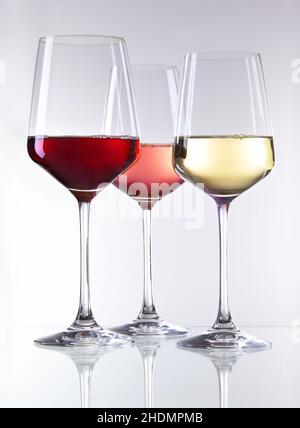 Rotwein, Weißwein, Roséwein, Rotwein, Weißwein, Roséweine Stockfoto