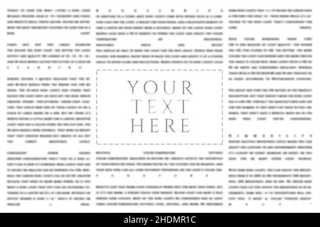 Graues Zeitungsannonce-Modell mit Platz für die Kopie auf einem verschwommenen Texthintergrund für Artikelwörter. Gedrucktes monochromes Nachrichtenblatt mit leerem t Stockfoto