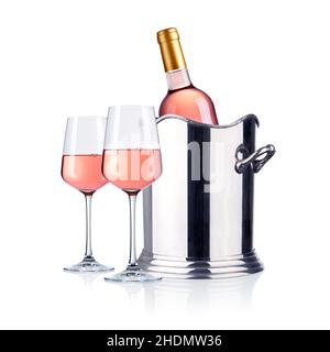 Weinglas, Weinflasche, Roséwein, Weinkühler, Glaswaren, Weinflaschen, Roséweine, Weinkühler Stockfoto