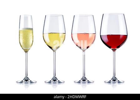 Sekt, Rotwein, Champagner, Rosé, Rotwein, Sekt, Champagner Stockfoto