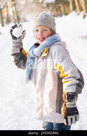 Junge, werfen, Schneeballschlacht, Jungen, Schneeballschlachten Stockfoto