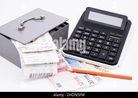 Rechner, Ausgaben, Kasse, Rechner, Ausgaben, Geldkassetten, Schließfächer Stockfoto