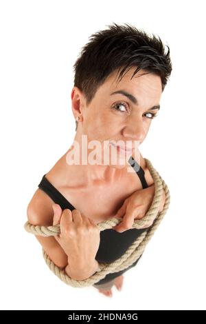 Frau, erwischt, gebunden, bondage, weiblich, Damen, Dame, Frauen, huckelt, tieds, Bindungen Stockfoto