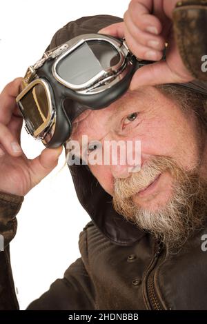 Motorradfahrer, Motorradbrille, Motorradbekleidung, Motorradfahrer, Sturzhelm Stockfoto