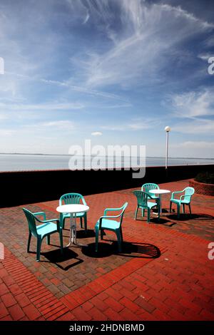 Stühle, Tisch, Strandpromenade, Terrasse, Stuhl, Tische, Strandpromenaden, Terrassen Stockfoto