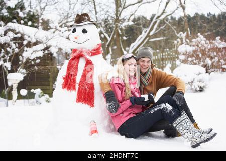 Winter, Liebespaar, Schneemann, Winter, Liebespaare, Schneemänner Stockfoto