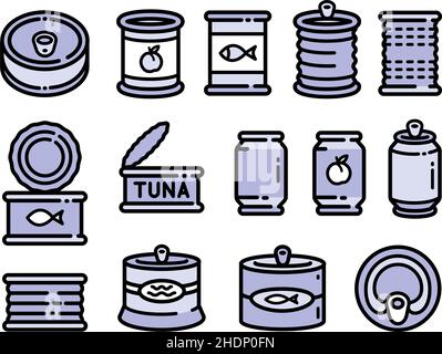 Tin-Dose mit flachen Farbsymbolen eingestellt. Sammlung von Vektorsymbolen in Zinn-Dosen im einfachen Stil. Illustration für Webdesign isoliert auf weißem Hintergrund Stock Vektor
