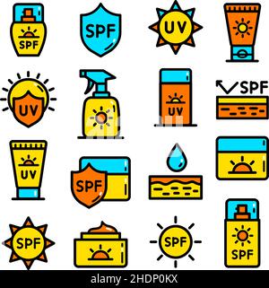 Einfache Symbole für Sonnenschutzfarben. Sammlung von Vektor-Symbol in trendigen flachen Stil auf weißem Hintergrund. Sonnenschutz singt für Design. Stock Vektor