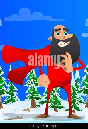 Lustiger Cartoon-Mann, der als Superheld gekleidet ist und ein gutes Schild zeigt. Vektorgrafik. Stock Vektor