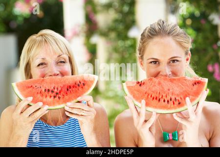 Frau, Wassermelone, Melonenstücke, weiblich, Damen, dame, Frauen, Wassermelonen, Melonenstück Stockfoto