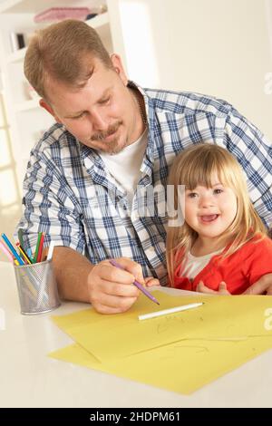 Vater, malen, Tochter, Down-Syndrom, Papa, Väter, Zeichnungen, Töchter Stockfoto