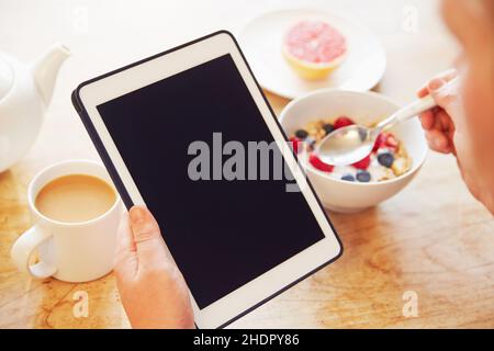 Frühstück, am Morgen, Tablet-pc, Frühstück, ipad, Tablet-pc Stockfoto