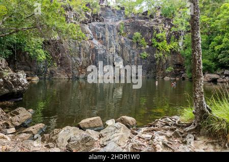 Airlie Beach, Queensland, Australien - Januar 2022: Drei Frauen schwimmen im stillen Wasser unter einem trockenen Wasserfall bei Cedar Falls Stockfoto