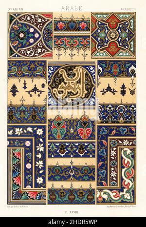 Arabische Kunst: Illuminierte Handschrift. Handbemalte Bordüren und Initialen mit aufwändigem Rosenwerk aus einem riesigen Koran in der Sammlung von Francois Firmin-Didot. Arabe. Handgefertigter Chromolithograph von F. Durin aus Albert-Charles-Auguste Racinets L’Ornement Polychrome, (polychromatischer Ornament), Firmin-Didot, Paris, 1869-73. Stockfoto