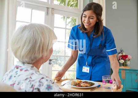 Senioren, alte Krankenschwester, Mittagessen, Pflegedienst, Senioren, Alt, Senioren, alte Krankenschwestern, Mittagspause, Kindertagesstätten Stockfoto