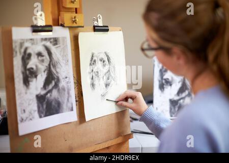 Zeichnung, Staffelei, vorbildlich, Kohlestift, Staffelei, Beispiele, Vorlage Stockfoto