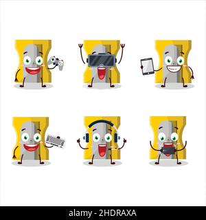 Gelbe Bleistift Spitzer Cartoon-Figur spielen mit verschiedenen niedlichen Emoticons. Vektorgrafik Stock Vektor