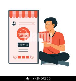 Mann Online-Shopping mit einem großen Handy. Stock Vektor