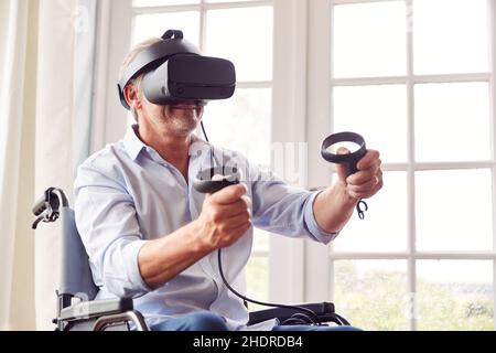 Virtual Reality, deaktiviert, computersimulierte Realität, immersive Multimedia, Virtual-Reality-Simulatoren, vr, disableds Stockfoto