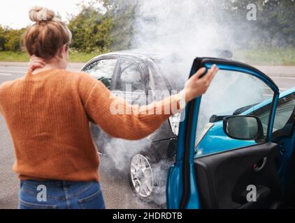 Schmerzen, verletzt, Auffahrunfall, Schmerzen, Verletzungen, Auffahrunfälle Stockfoto