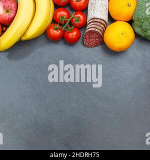 Obst, Gemüse, Wurst, Obst, Gemüse, Würstchen Stockfoto