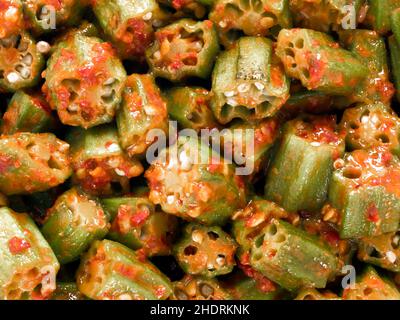 Würzig, Chili, Okra, Okra, scharfe okras, Okraschoten Stockfoto